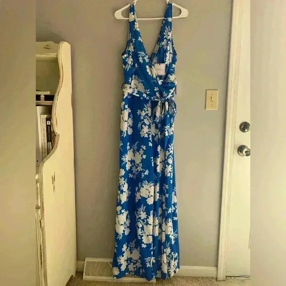 Woman’s Premier Amour Blue Floral Tank Top Wrap Formal Plus Wedding Jumpsuit - Picture 1 of 11